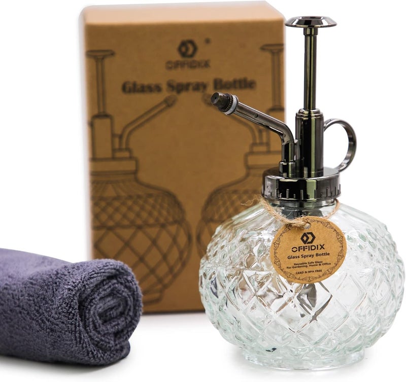 OFFIDIX Plant Mister, 300ML Vintage Glass Spray Bottle with Plastic Top Pump, Small Decorative Spritzer Watering Can for Indoor Outdoor House Plants (Transparent) - Image 1